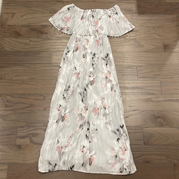 Pinkblush Dresses & Skirts - NWOT Pinkblush Pink and Grey Floral Pleated Off the Shoulder Maxi Dress …